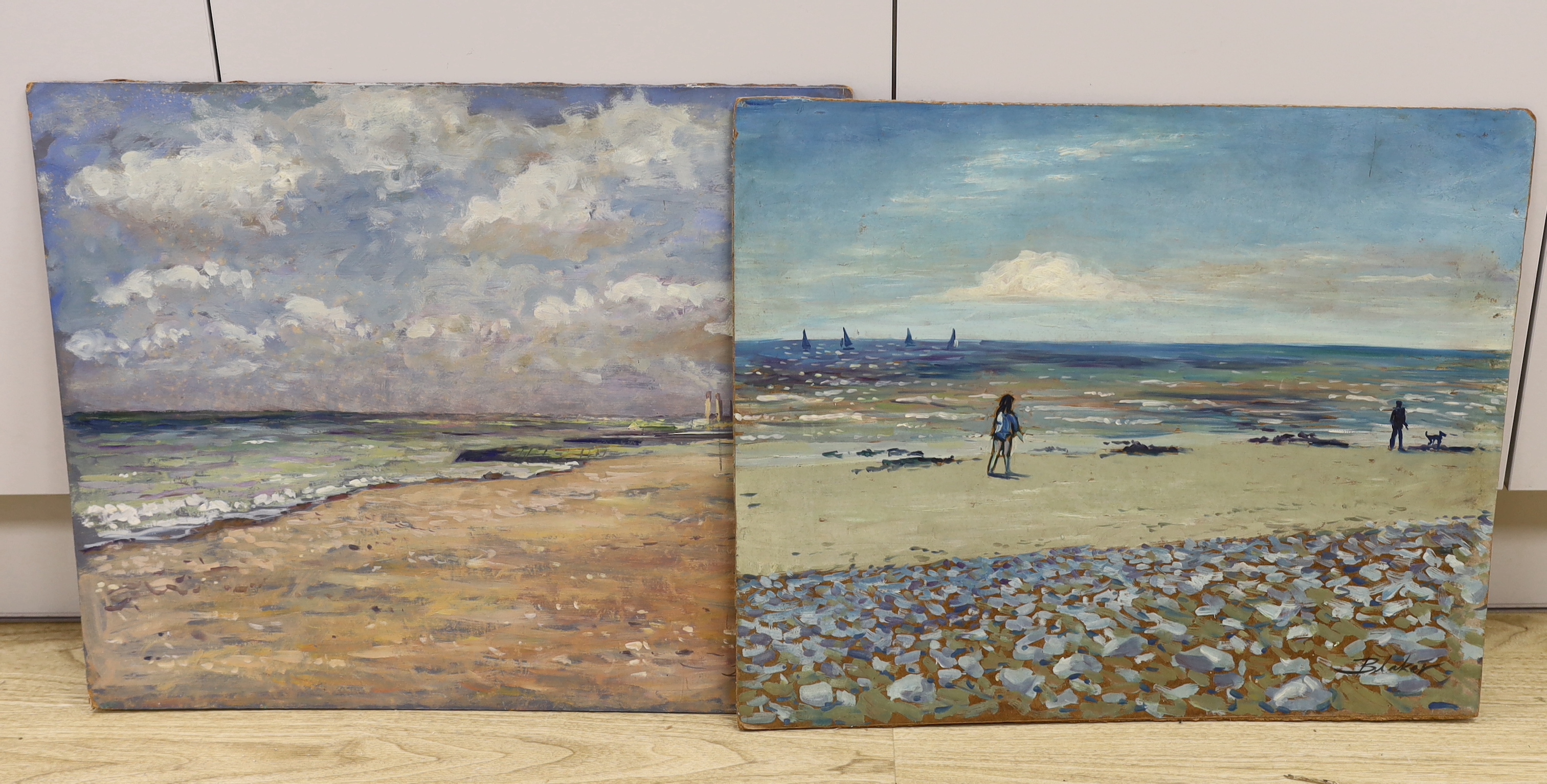Michael John Blaker (1928-2018), two oils on board, view from Hove towards Southwick and Shoreham and Sussex beach with walkers, signed, largest 51 x 61cm, unframed